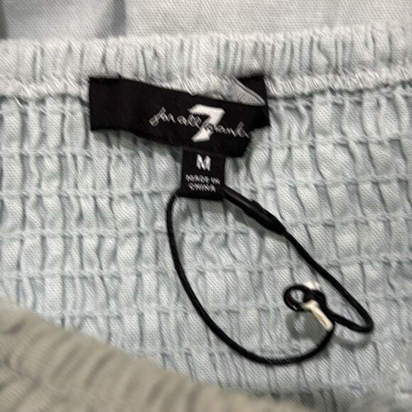 7 For All Mankind Linen Cotton Blend Smocked Puff Sleeve Blue NWT Medium - Picture 6 of 6